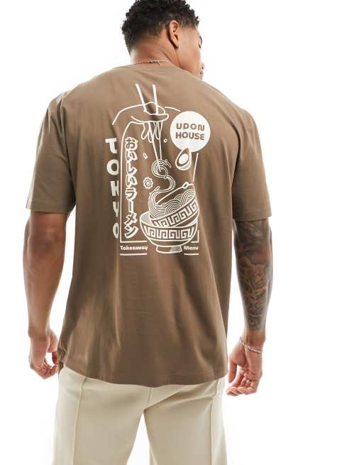 ASOS DESIGN – Brązowy luźny T-shirt z kreskówkowym nadrukiem na plecach