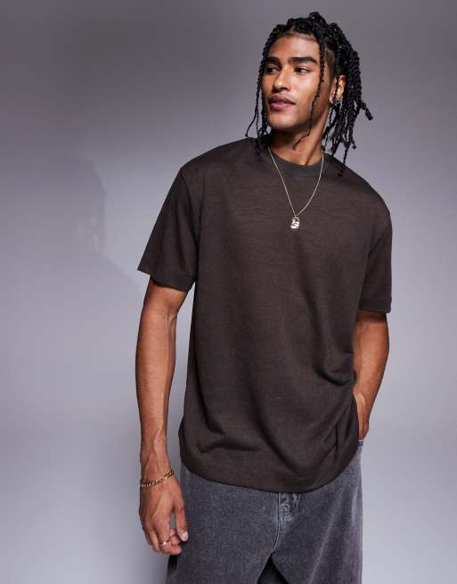 ASOS DESIGN – Brązowy luźny T-shirt z materiału imitującego len