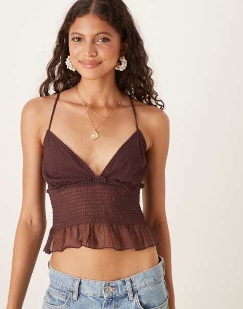 ASOS DESIGN – Brązowy marszczony top na ramiączkach z baskinką z siateczki dobby - view 1