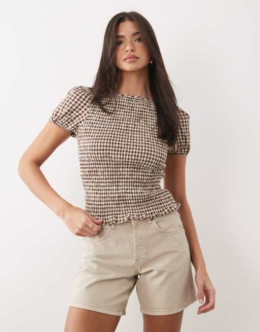 ASOS DESIGN – Brązowy marszczony top z bufkami w kratkę vichy, 4 z 4