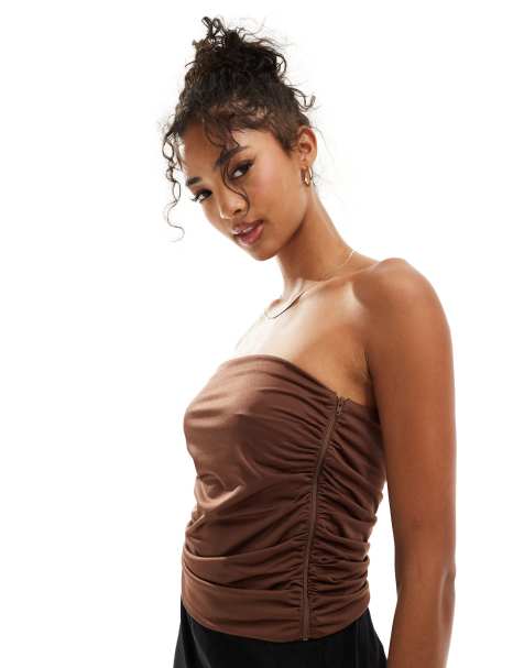 ASOS DESIGN – Brązowy marszczony top z dekoltem bandeau - view 1