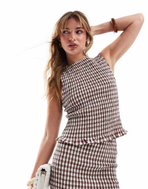 ASOS DESIGN – Brązowy marszczony top z prostym dekoltem w kratkę vichy, część zestawu