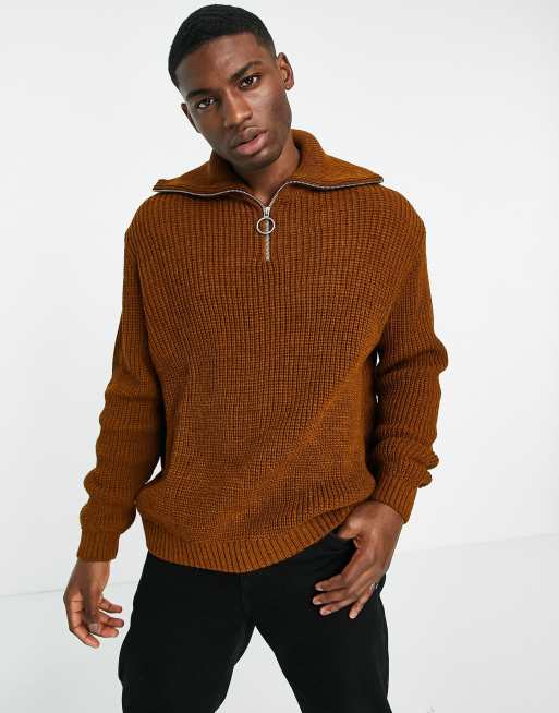 ASOS DESIGN – Brązowy melanżowy sweter oversize z prążkowanej dzianiny z zamkiem pod szyją