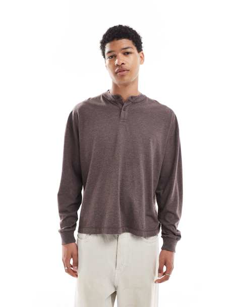 ASOS DESIGN oversized boxy henley t-shirt in overdyed brown marl 