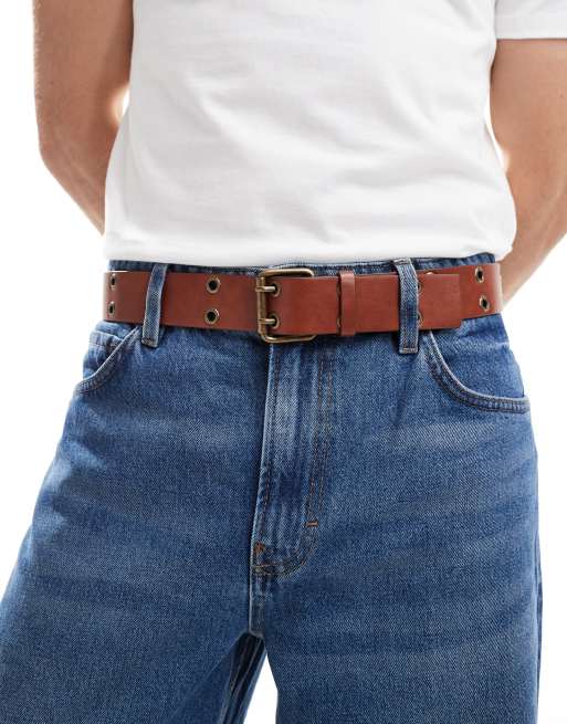 ASOS DESIGN – Brązowy pasek z imitacji skóry z oczkami i klamrą z rolką