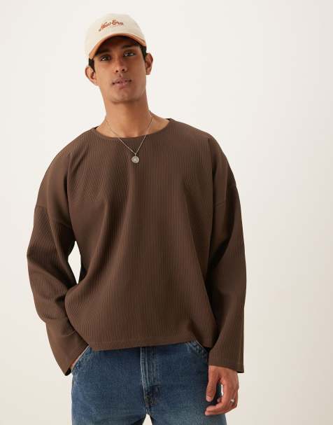 ASOS DESIGN bozy oversized plisse long sleeve t-shirt in brown