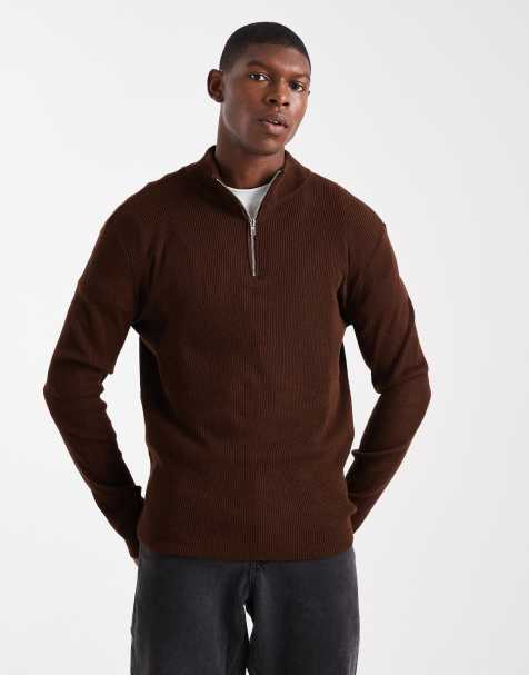 ASOS DESIGN knitted half zip ribbed jumper in brown