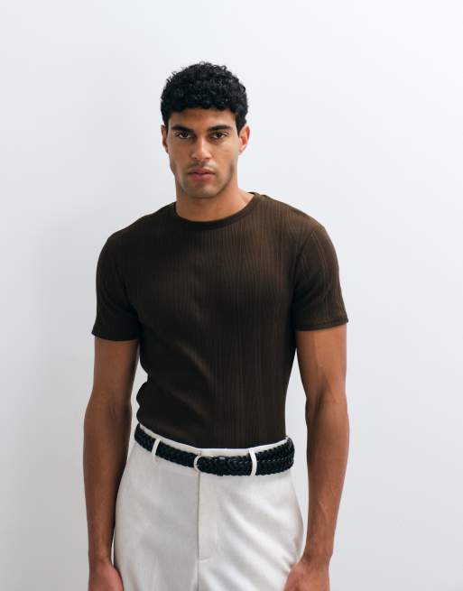 ASOS DESIGN – Brązowy prążkowany T-shirt o dopasowanym kroju, 5 z 5