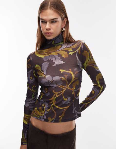 ASOS DESIGN sheer paisley roll neck long sleeve top in brown