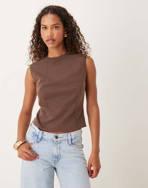 ASOS DESIGN slinky cut out detail top in brown