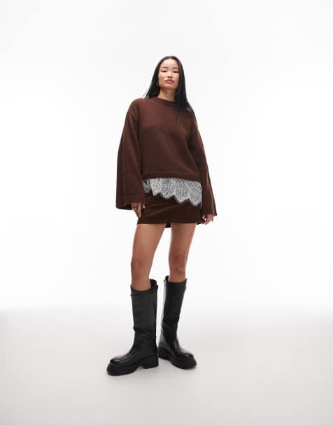 ASOS DESIGN knitted fluffy wide sleeve jumper with lace hem in brown