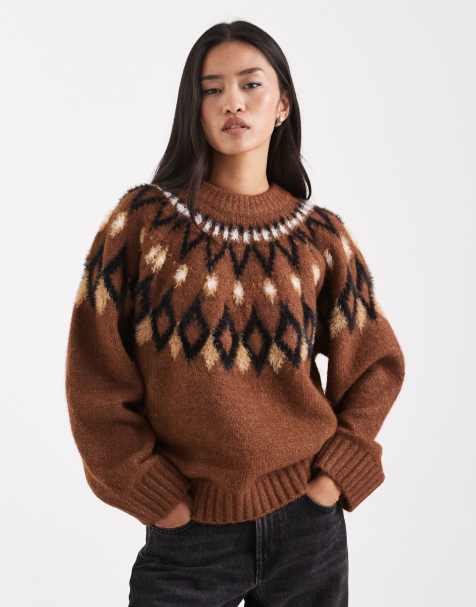 ASOS DESIGN – Brązowy puszysty sweter ze wzorem na karczku - view 1