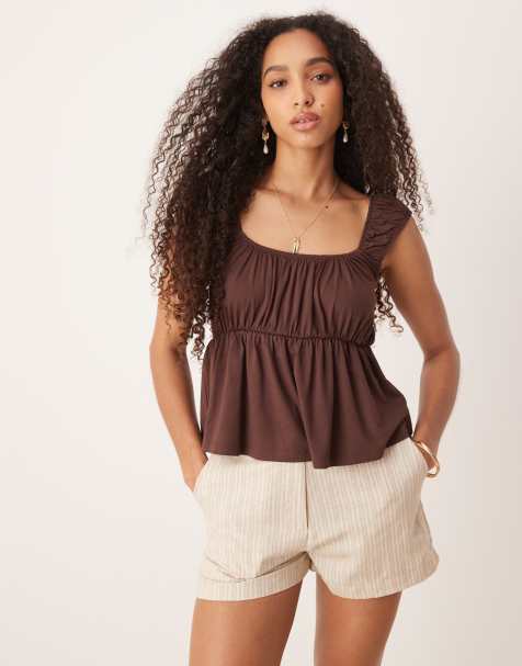 ASOS DESIGN – Brązowy rozkloszowany top w stylu milkmaid babydoll - view 1