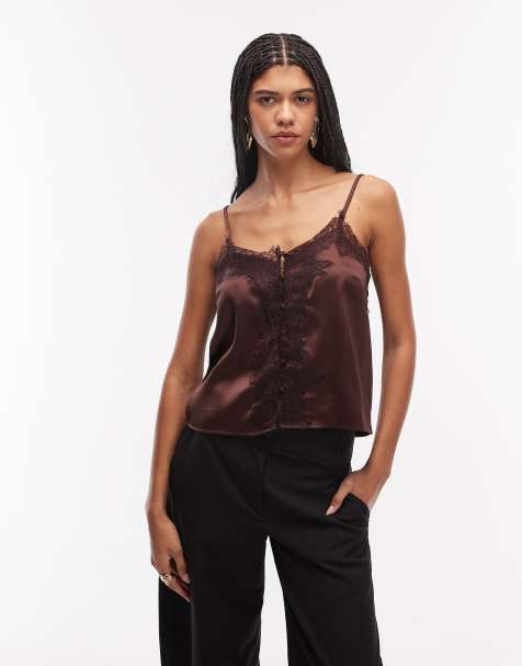 ASOS DESIGN – Brązowy satynowy top na ramiączkach z koronkowym wykończeniem - view 1