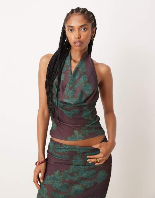 ASOS DESIGN – Brązowy siateczkowy top z drapowanym dekoltem ze wzorem paisley, część zestawu