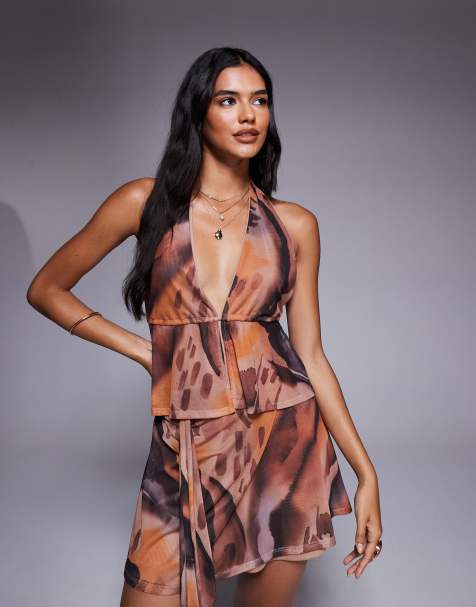 ASOS DESIGN co-ord mesh halterneck top with open back in brown abstract print
