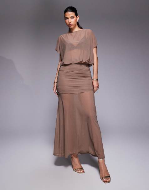 ASOS DESIGN – Brązowy siateczkowy zestaw: top z dekoltem w łódkę i spódnica maxi - view 1
