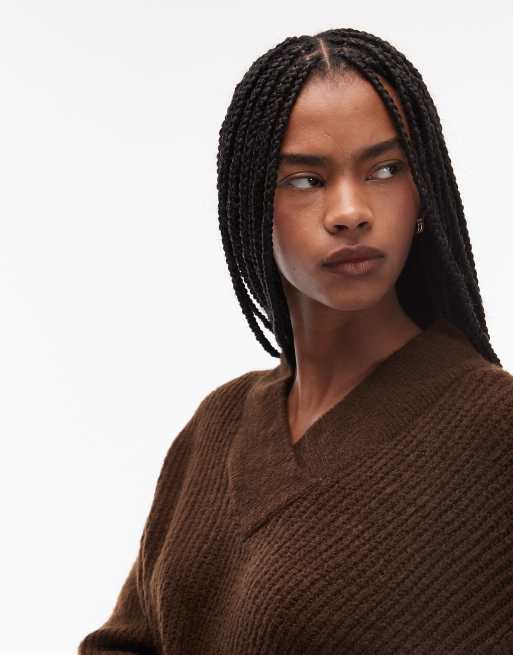 ASOS DESIGN – Brązowy sweter oversize z dekoltem w szpic, 3 z 4