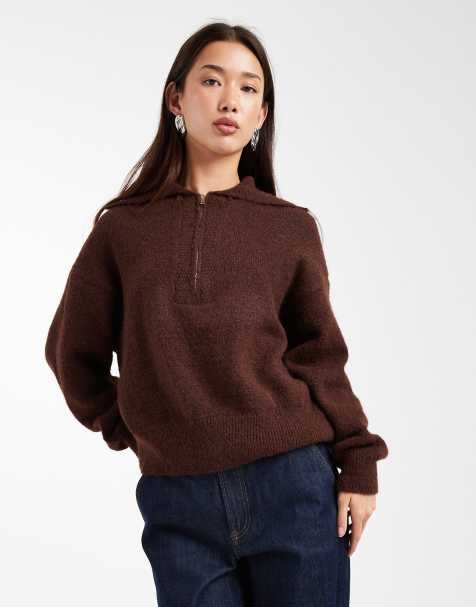 ASOS DESIGN – Brązowy sweter z kołnierzem z zamkiem pod szyją - view 1