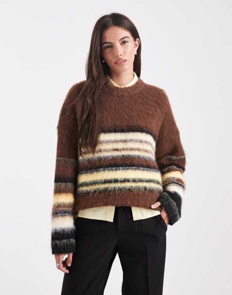 ASOS DESIGN – Brązowy sweter z okrągłym dekoltem w kolorowe paski - view 1