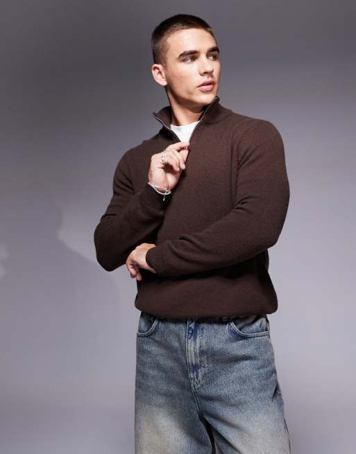 ASOS DESIGN – Brązowy sweter z wełny jagnięcej z zamkiem pod szyją