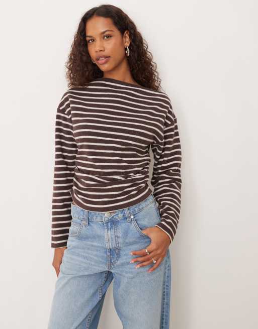 ASOS DESIGN – Brązowy szczotkowany top w paski z odsłoniętym ramieniem i zwężeniem w talii