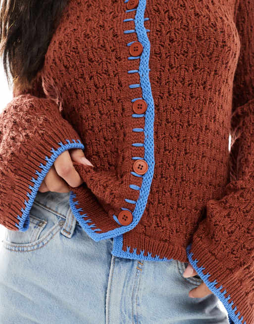 ASOS DESIGN – Brązowy szydełkowany kardigan z ozdobnym obszyciem, 3 z 4