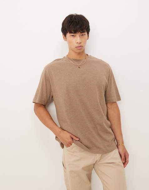 ASOS DESIGN – Brązowy T-shirt o luźnym kroju z domieszką lnu - view 1