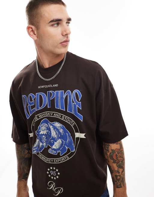 ASOS DESIGN – Brązowy T-shirt o pudełkowym kroju oversize z obniżoną linią ramion i nadrukiem z przodu 