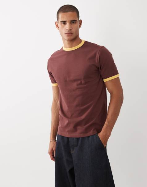 ASOS DESIGN – Brązowy T-shirt o regularnym kroju z kontrastową lamówką - view 1