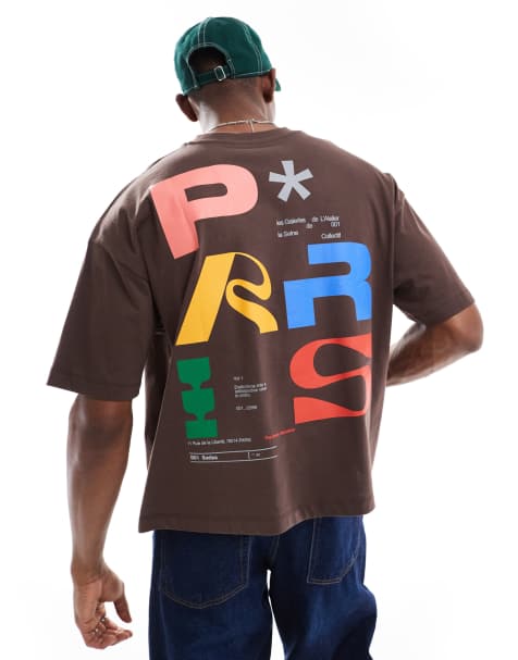 ASOS DESIGN boxy oversized t-shirt with city graphic in brown