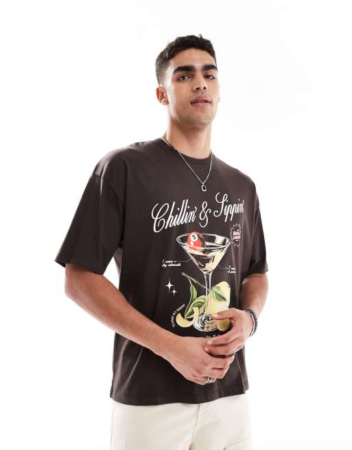 ASOS DESIGN – Brązowy T-shirt oversize z grafiką z drinkiem, 3 z 4