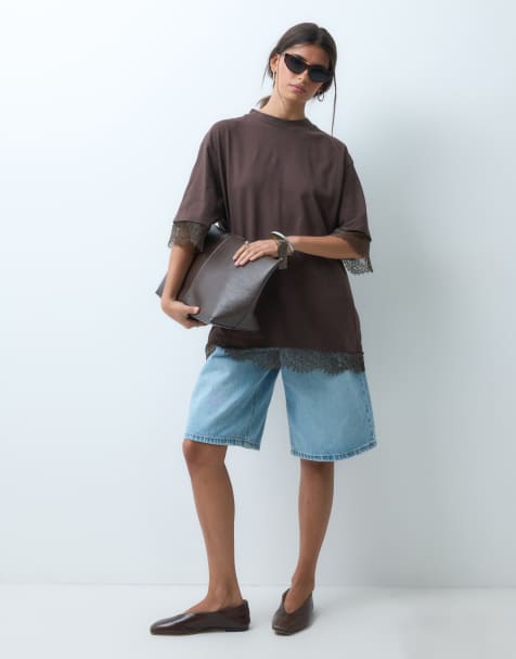 ASOS DESIGN – Brązowy T-shirt oversize z krótkimi rękawami i koronką - view 1