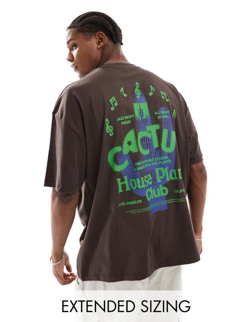 ASOS DESIGN – Brązowy T-shirt oversize z nadrukiem z napisem „Cactus” na plecach