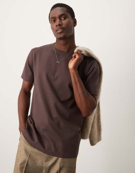 ASOS DESIGN premium interlock crew neck t-shirt in brown 