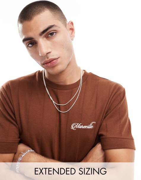 ASOS DESIGN t-shirt in brown with city chest embroidery