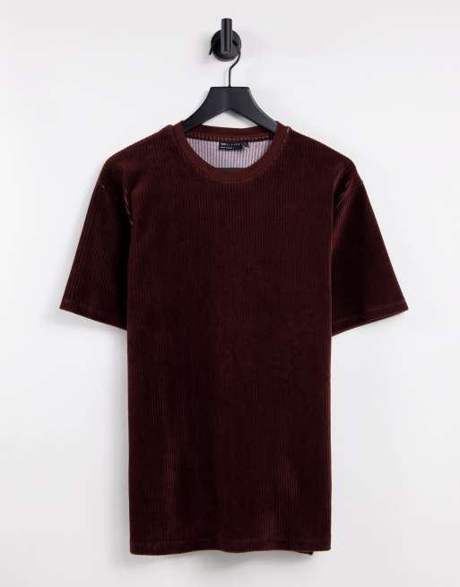 ASOS DESIGN – Brązowy T-shirt z prążkowanego weluru