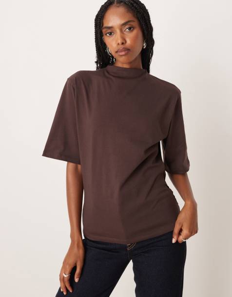ASOS DESIGN grown on neck tee with sash tie detail in brown