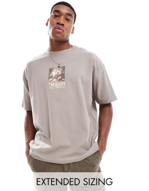ASOS DESIGN – Brązowy teksturowany T-shirt oversize z kwiatowym nadrukiem z przodu