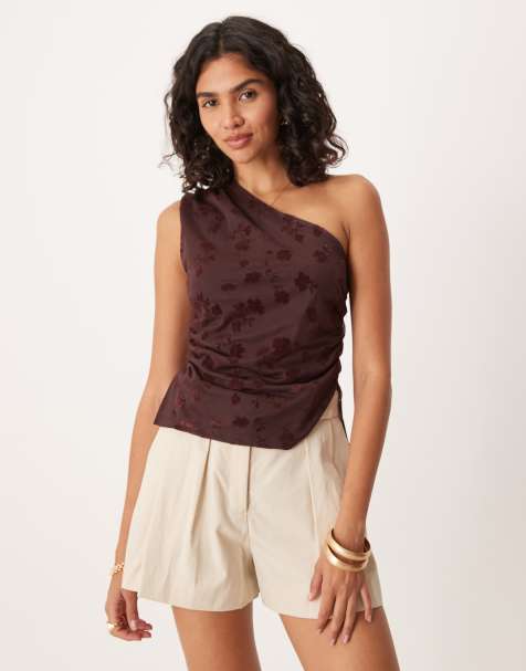 ASOS DESIGN asymmetric draped flocked burn out floral sheer top in brown