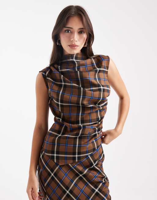 ASOS DESIGN – Brązowy top bez rękawów w kratkę z zabudowanym dekoltem i marszczeniem, część zestawu