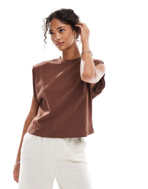ASOS DESIGN sleeveless shoulder pad top in brown