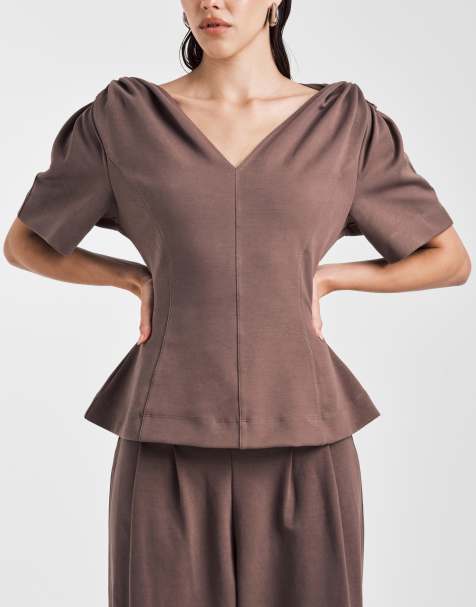 ASOS DESIGN V neck co-ord twist shoulder detail tee in chocolate