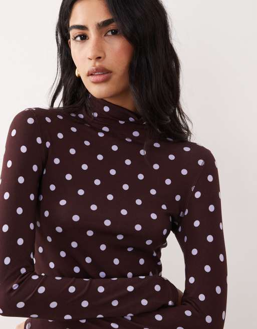 ASOS DESIGN – Brązowy top z długimi rękawami i golfem w groszki, 3 z 4