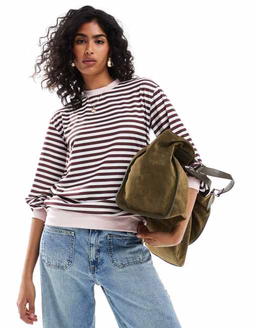 ASOS DESIGN – Brązowy top z długimi rękawami w paski z kontrastowymi mankietami i dekoltem
