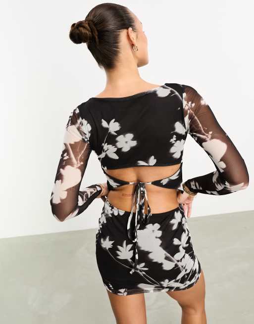 ASOS DESIGN – Brązowy top z siateczki w kwiaty z dekoltem łódką i wycięciem na plecach, część zestawu