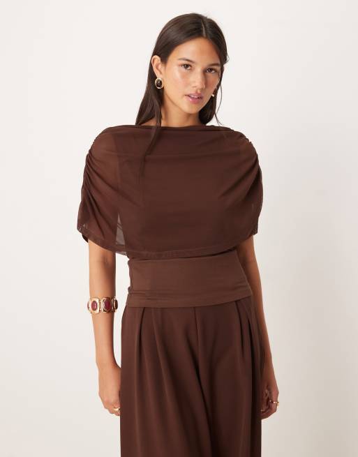 ASOS DESIGN – Brązowy top z siateczkową pelerynką, 2 z 4