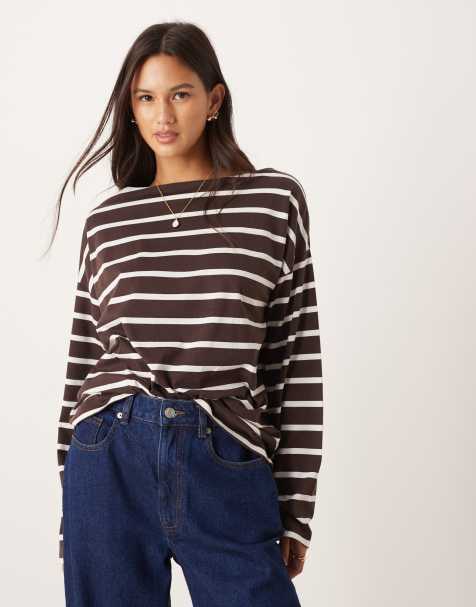 ASOS DESIGN wide sleeve stripe top in brown