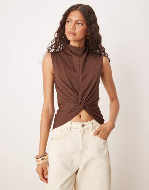 ASOS DESIGN twist front top with grown on neck in brown