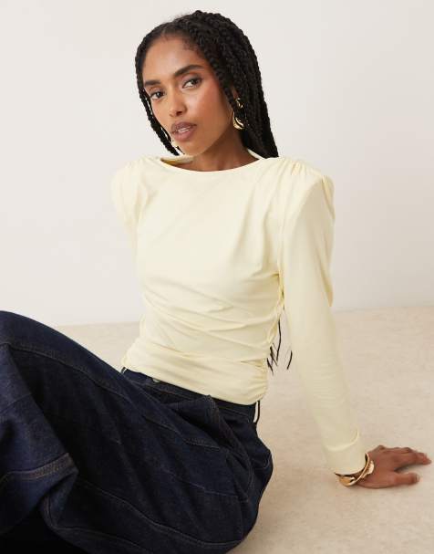 ASOS DESIGN cupro cinched shoulder pad top with long sleeve detail in brown